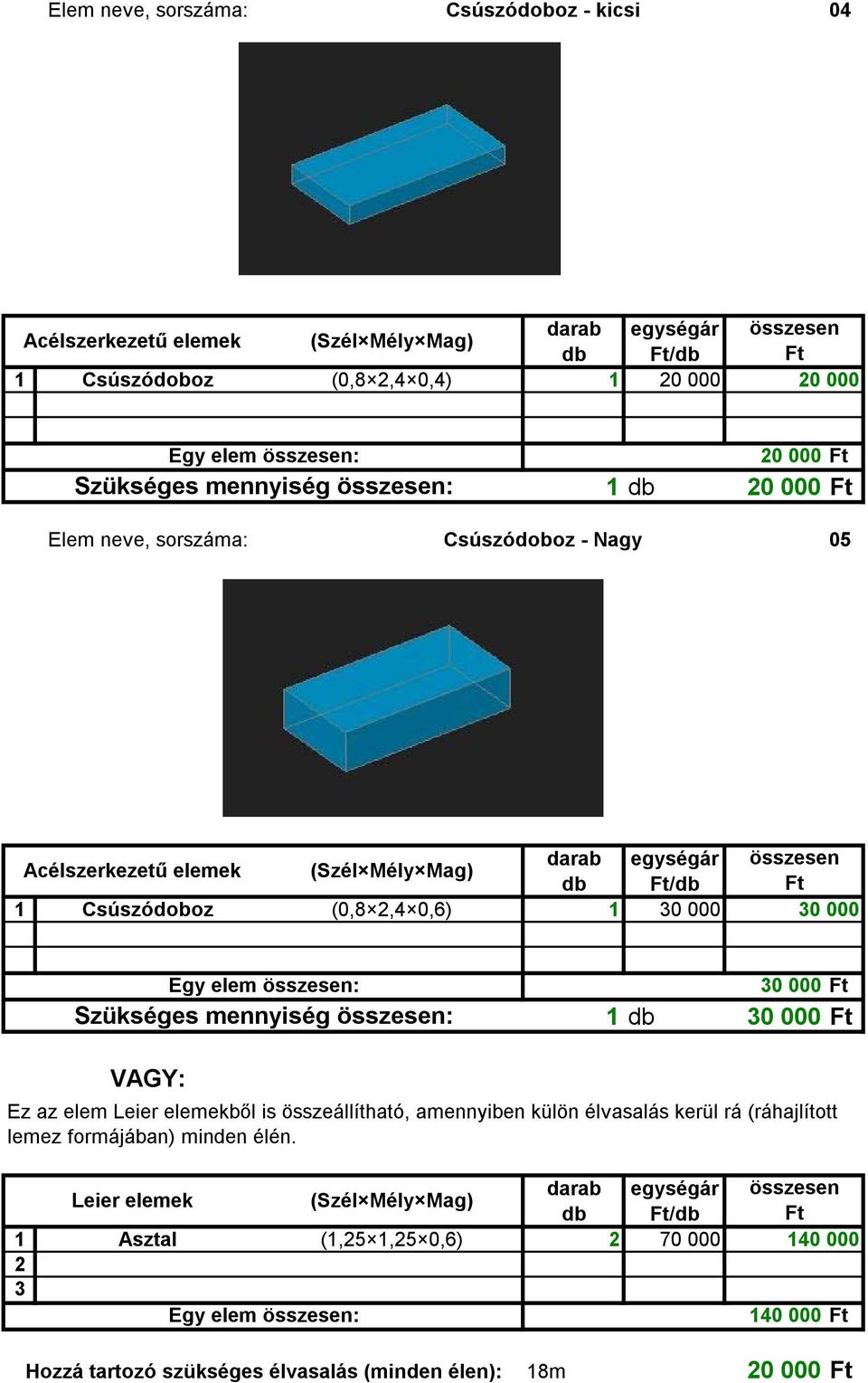 VAGY: Ez az elem Leier elemekből is összeállítható, amennyiben külön élvasalás kerül rá (ráhajlított lemez formájában) minden élén.