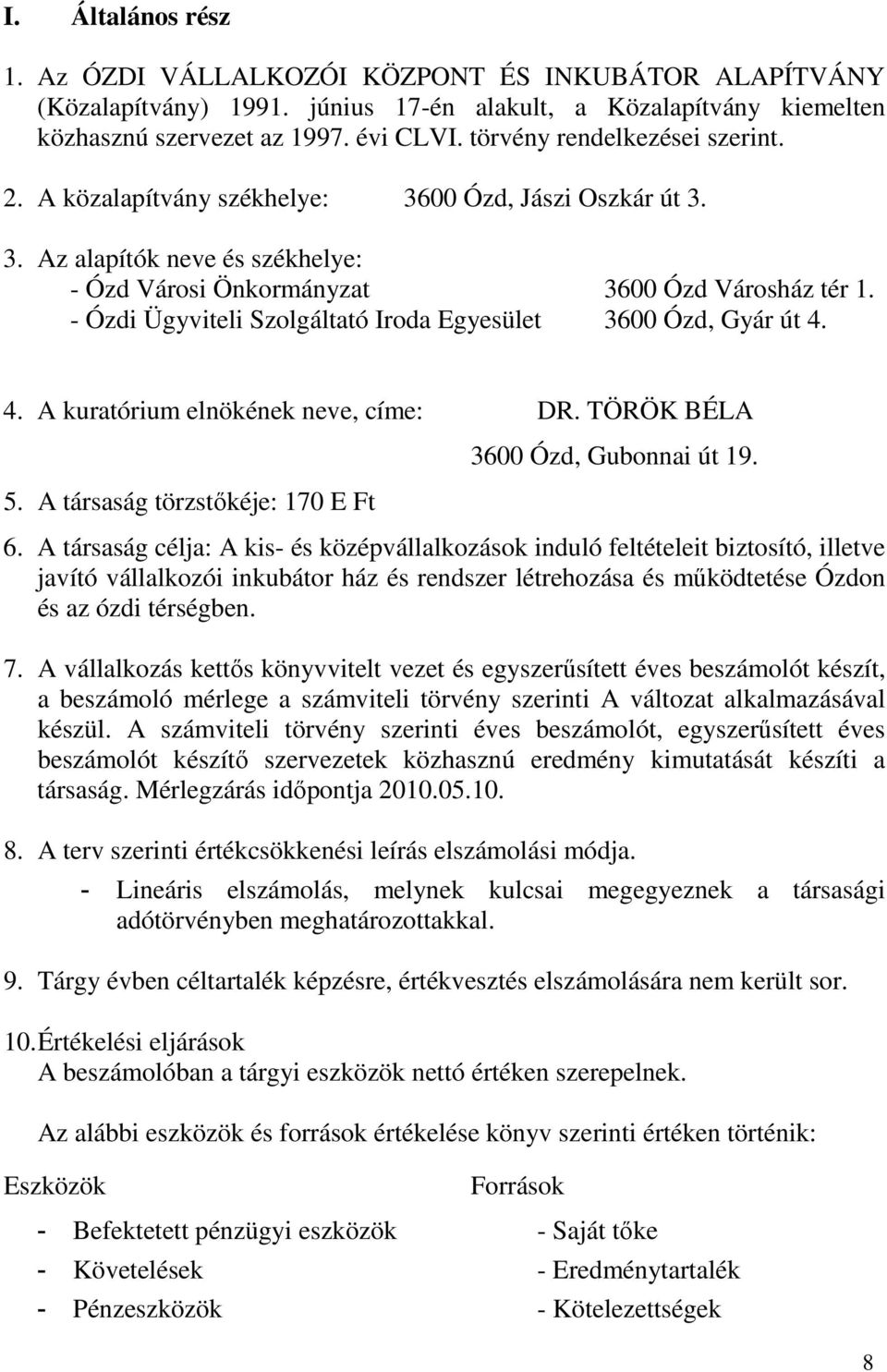 - Ózdi Ügyviteli Szolgáltató Iroda Egyesület 3600 Ózd, Gyár út 4. 4. A kuratórium elnökének neve, címe: DR. TÖRÖK BÉLA 5. A társaság törzstőkéje: 170 E Ft 3600 Ózd, Gubonnai út 19. 6.