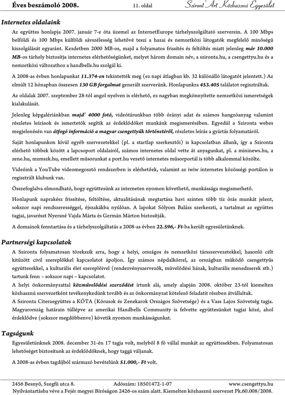 Kezdetben 2000 MB-os, majd a folyamatos frissítés és feltöltés miatt jelenleg már 10.000 MB-os tárhely biztosítja internetes elérhetőségünket, melyet három domain név, a szironta.hu, a csengettyu.