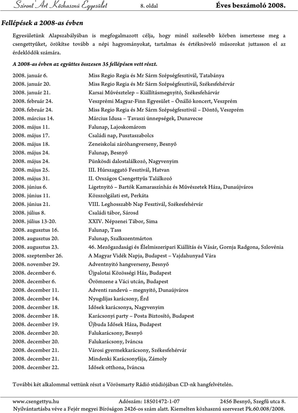 értéknövelő műsorokat juttasson el az érdeklődők számára. A 2008-as évben az együttes összesen 35 fellépésen vett részt. 2008. január 6. Miss Regio Regia és Mr Sárm Szépségfesztivál, Tatabánya 2008.