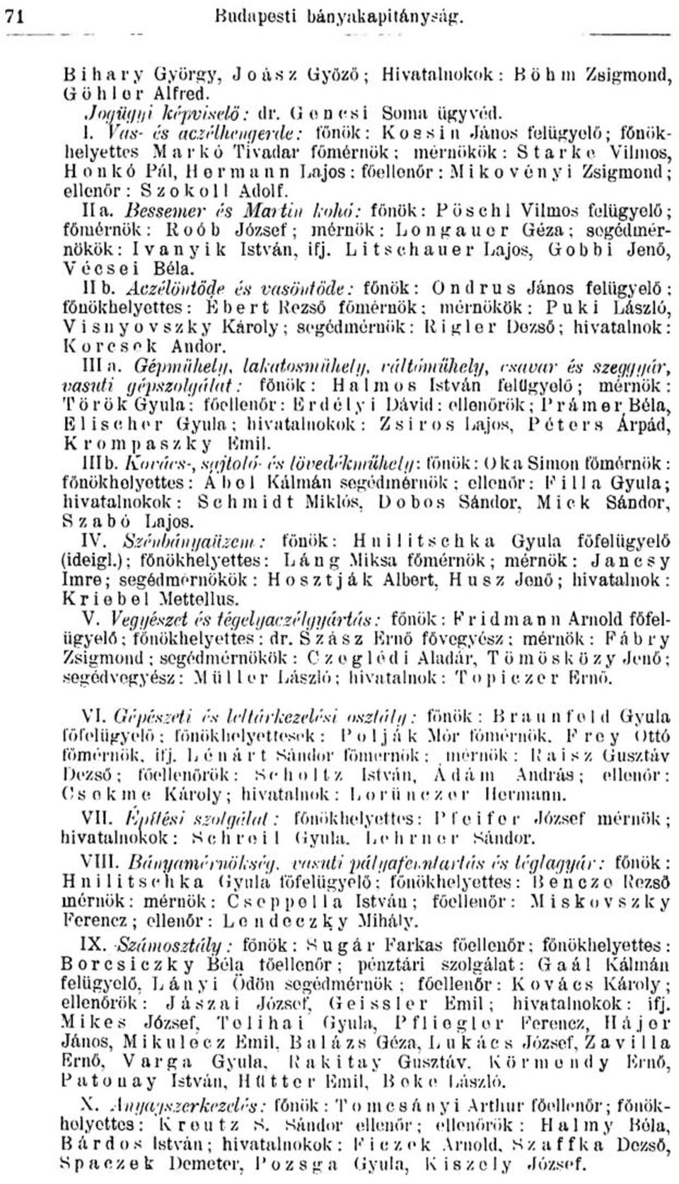 ellenőr : S z o k o 11 Adolf. IIa. Bessemer és Martin kolw: főnök: Pöschl Vilmos felügyelő; főmérnök : K o é b József ; mérnök : L o n g a u o r Géza ; sogédmérnökök: I v a n y i k István, ifj.