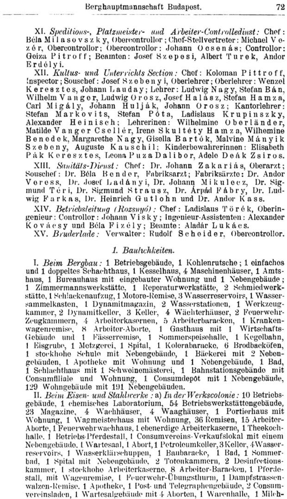 Controllor: Qoiza P i t r o f f ; Beamten: Josef Szepesi, Albert T u r e k, Andor Erdélyi. XII.