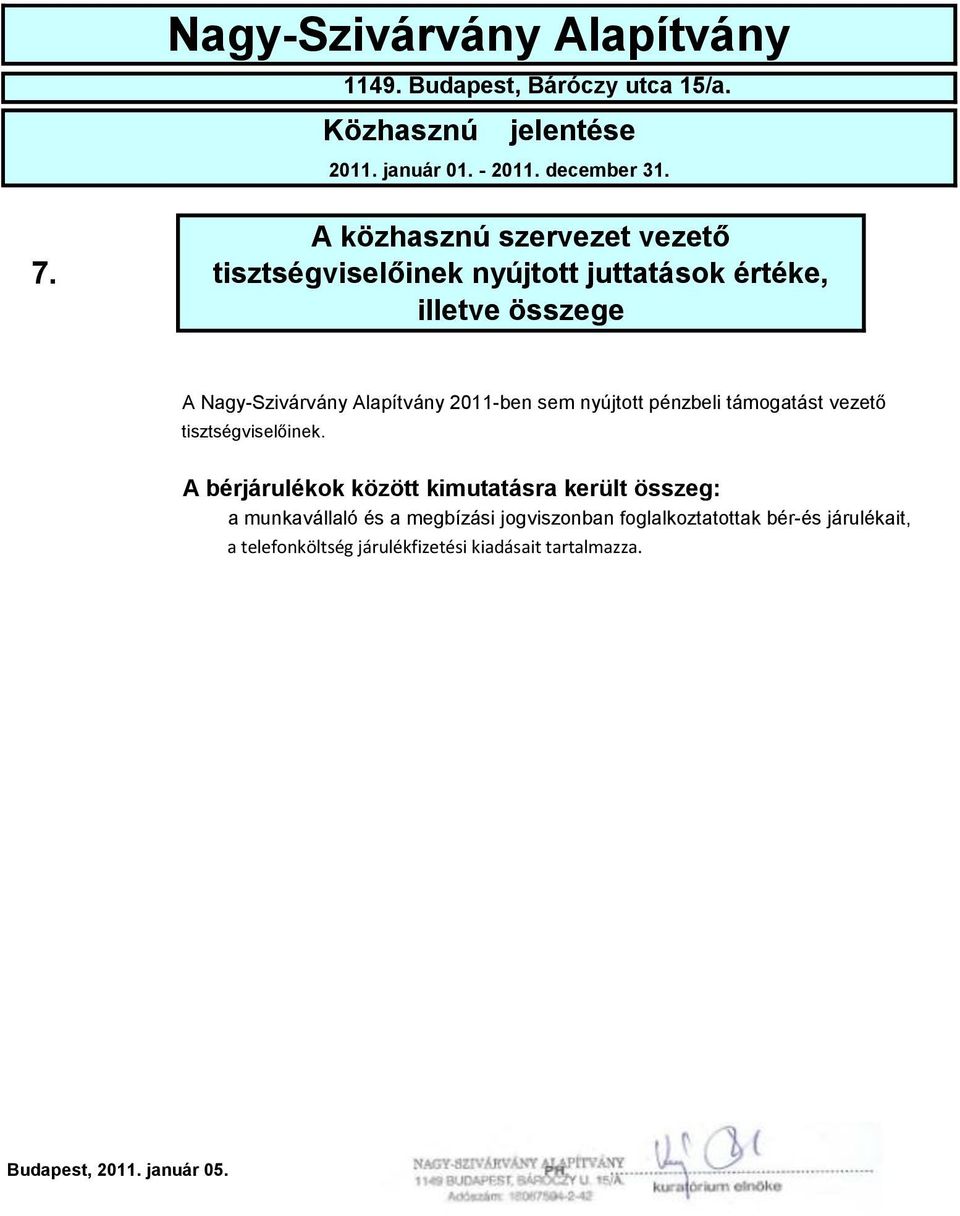 Alapítvány 2011-ben sem nyújtott pénzbeli támogatást vezető tisztségviselőinek.