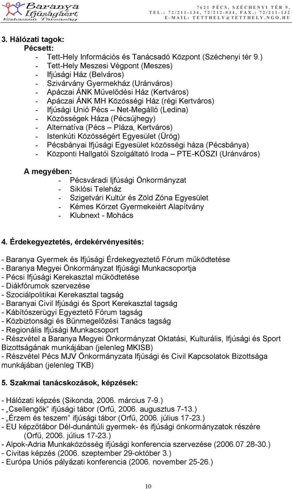 Ifjúsági Unió Pécs Net-Megálló (Ledina) - Közösségek Háza (Pécsújhegy) - Alternatíva (Pécs Pláza, Kertváros) - Istenkúti Közösségért Egyesület (Ürög) - Pécsbányai Ifjúsági Egyesület közösségi háza