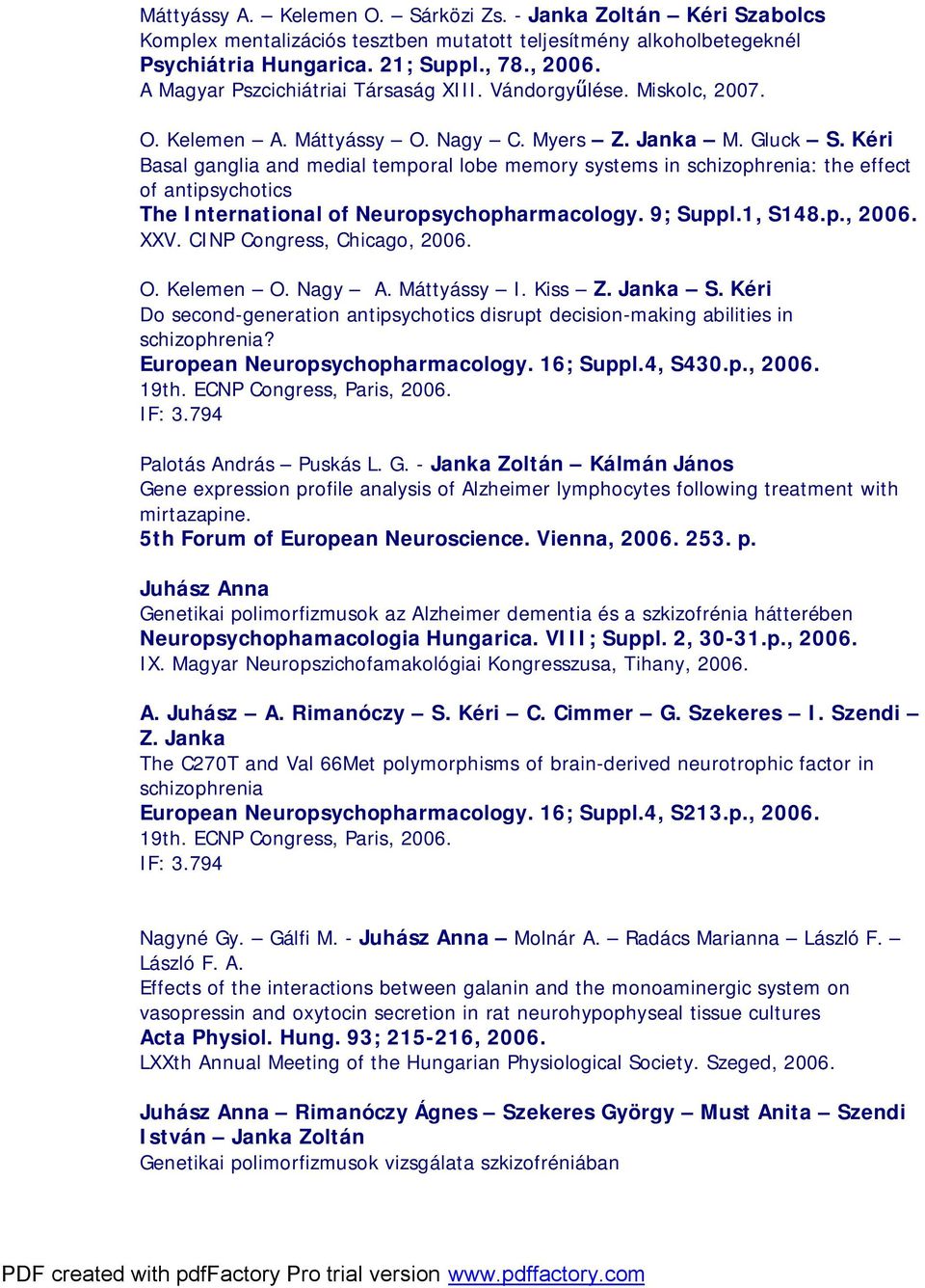 Kéri Basal ganglia and medial temporal lobe memory systems in schizophrenia: the effect of antipsychotics The International of Neuropsychopharmacology. 9; Suppl.1, S148.p., 2006. XXV.