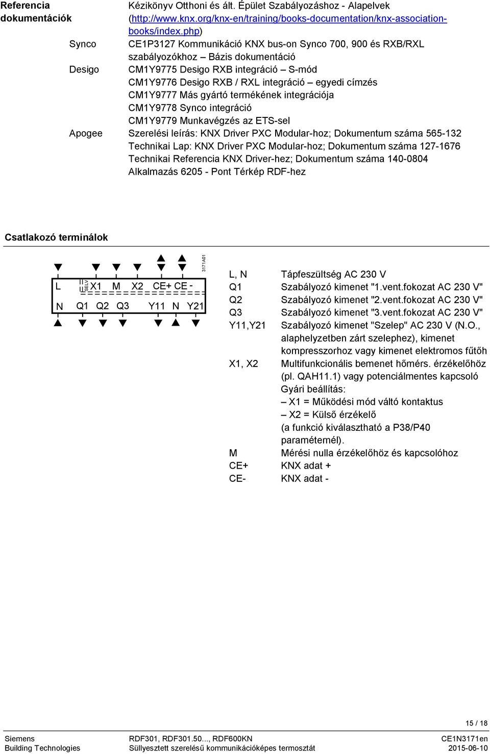 gyártó termékének integrációja CMY9778 Synco integráció CMY9779 Munkavégzés az ES-sel Apogee Szerelési leírás: KNX Driver PXC Modular-hoz; Dokumentum száma 565-32 echnikai Lap: KNX Driver PXC