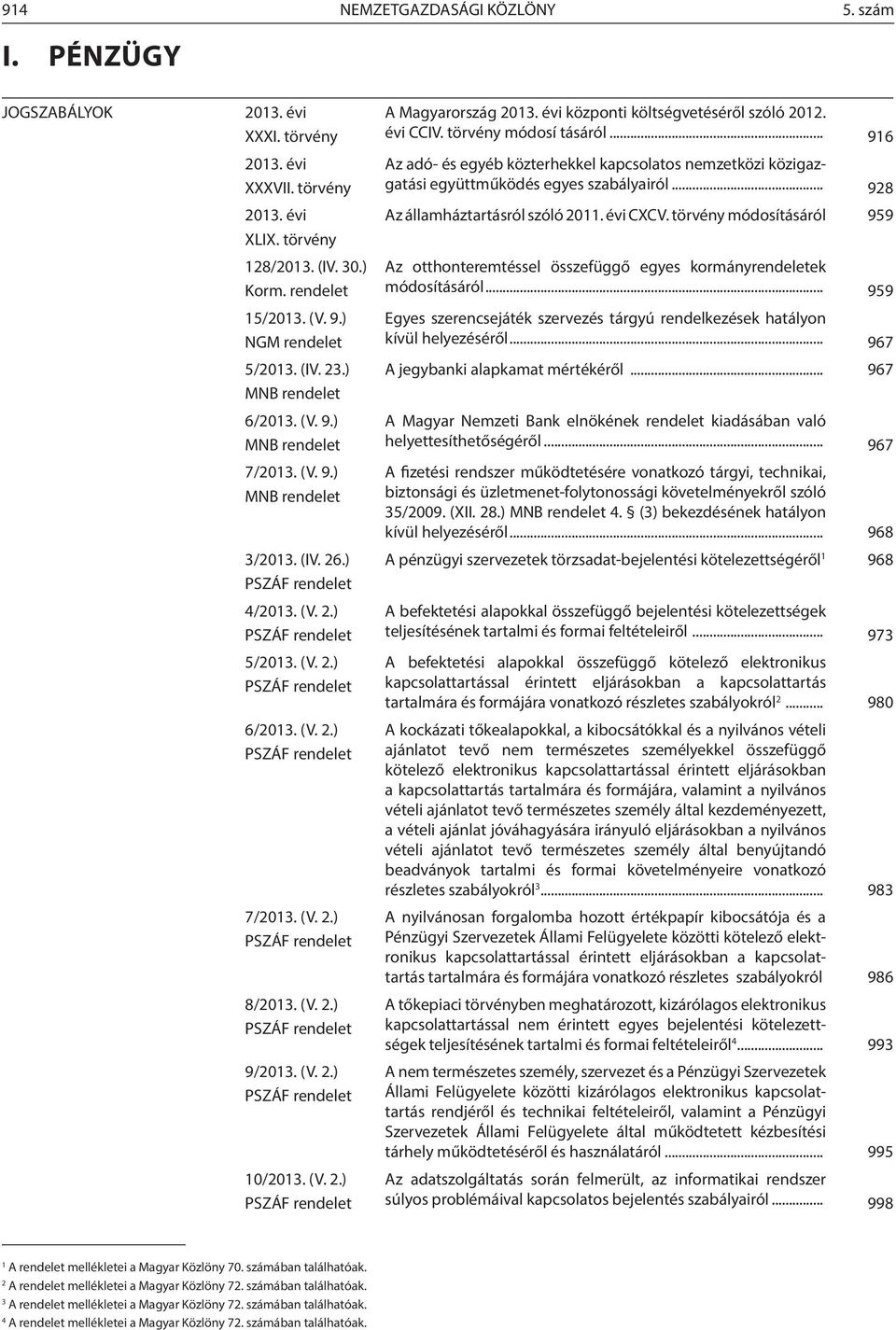 (V. 2.) PSZÁF rendelet 7/2013. (V. 2.) PSZÁF rendelet 8/2013. (V. 2.) PSZÁF rendelet 9/2013. (V. 2.) PSZÁF rendelet 10/2013. (V. 2.) PSZÁF rendelet A Magyarország 2013.
