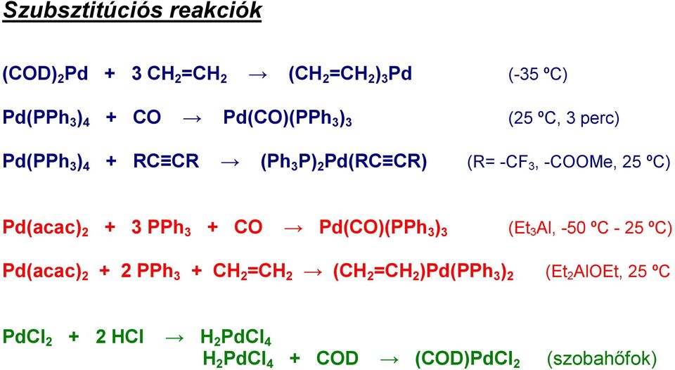 Pd(acac) 2 + 3 PPh 3 + CO Pd(CO)(PPh 3 ) 3 (Et 3 Al, -50 ºC - 25 ºC) Pd(acac) 2 + 2 PPh 3 + CH 2 =CH 2