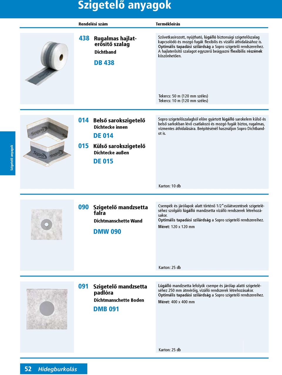 Tekercs: 50 m (120 mm széles) Tekercs: 10 m (120 mm széles) 014 Belső sarokszigetelő Dichtecke innen DE 014 Sopro szigetelőszalagból előre gyártott lúgálló sarokelem külső és belső sarkokban lévő