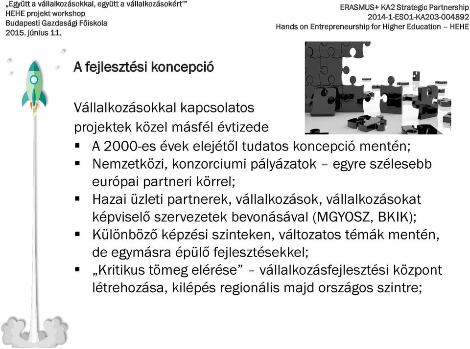 vállalkozásokat képviselő szervezetek bevonásával (MGYOSZ, BKIK); Különböző képzési szinteken, változatos témák mentén, de