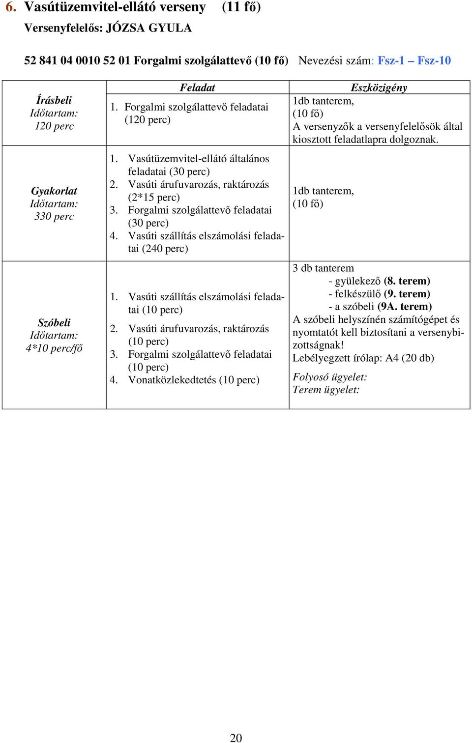 Forgalmi szolgálattevő feladatai (30 perc) 4. Vasúti szállítás elszámolási feladatai (240 perc) 1. Vasúti szállítás elszámolási feladatai (10 perc) 2. Vasúti árufuvarozás, raktározás (10 perc) 3.