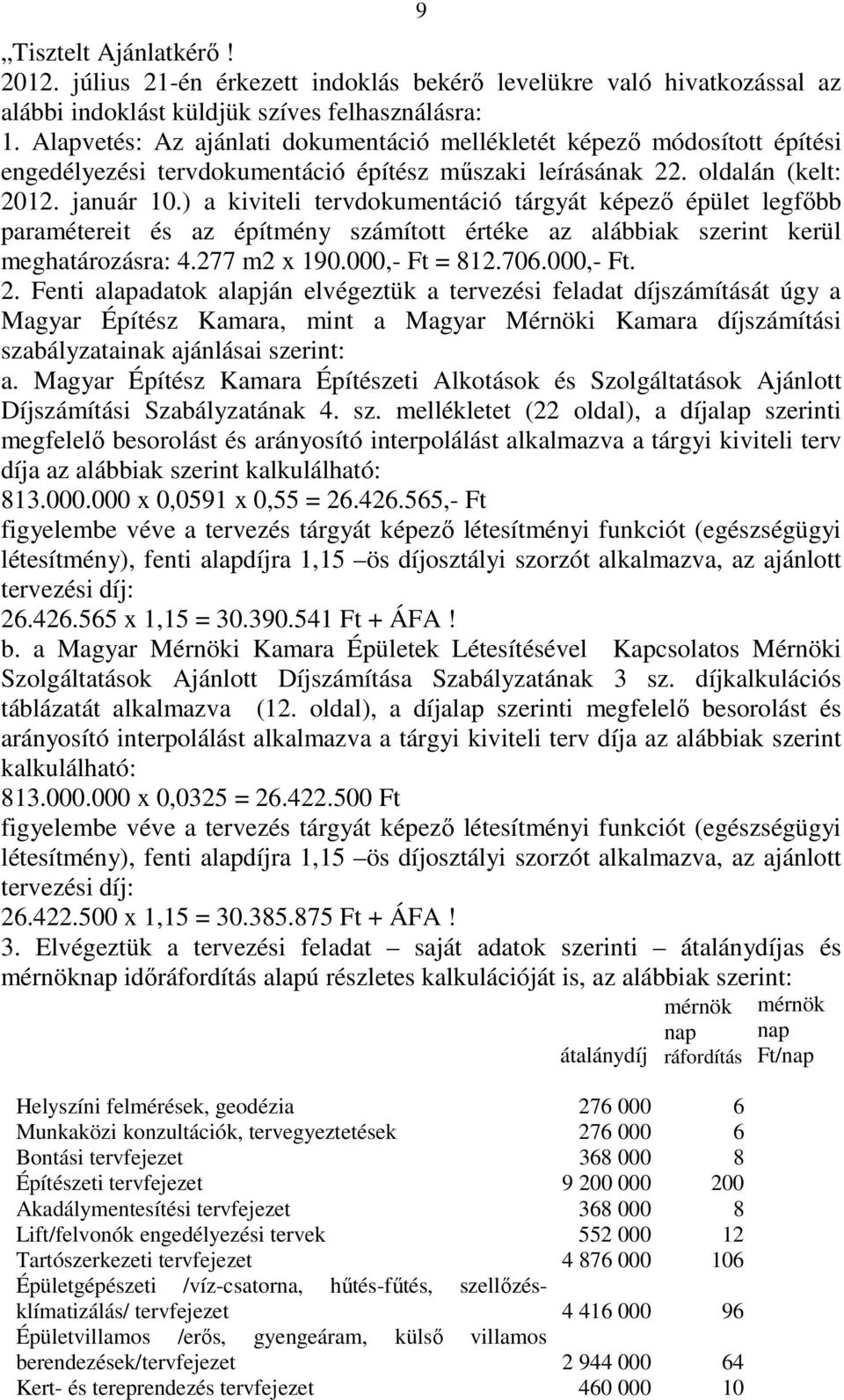 ) a kiviteli tervdokumentáció tárgyát képezı épület legfıbb paramétereit és az építmény számított értéke az alábbiak szerint kerül meghatározásra: 4.277 m2 x 190.000,- Ft = 812.706.000,- Ft. 2.