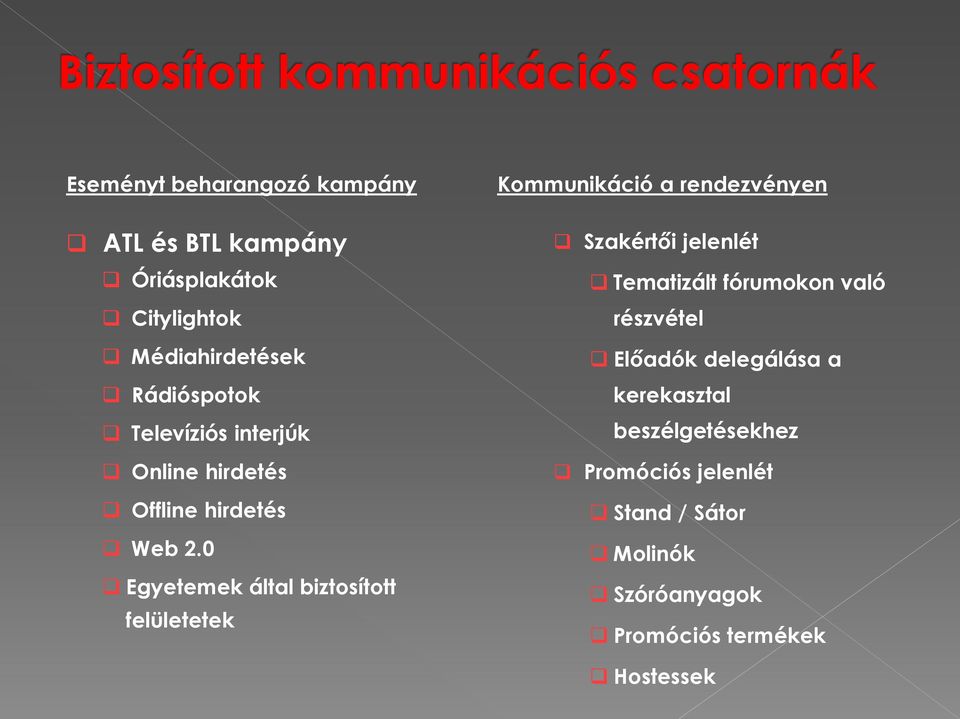 0 Egyetemek által biztosított felületetek Kommunikáció a rendezvényen Szakértői jelenlét Tematizált fórumokon