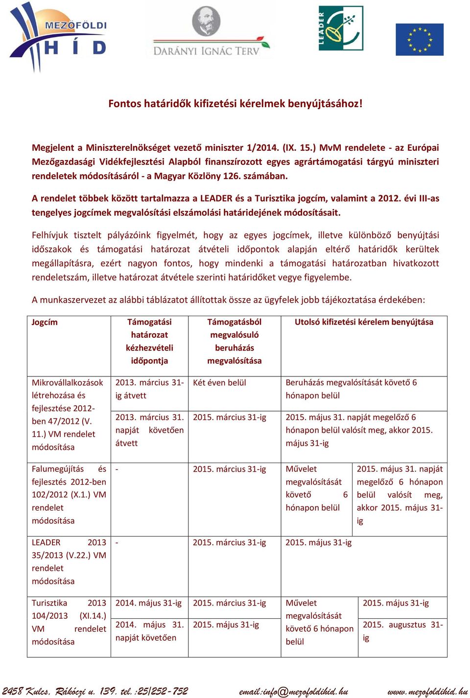 A rendelet többek között tartalmazza a LEADER és a Turisztika jogcím, valamint a 2012. évi III-as tengelyes jogcímek megvalósítási elszámolási határidejének módosításait.