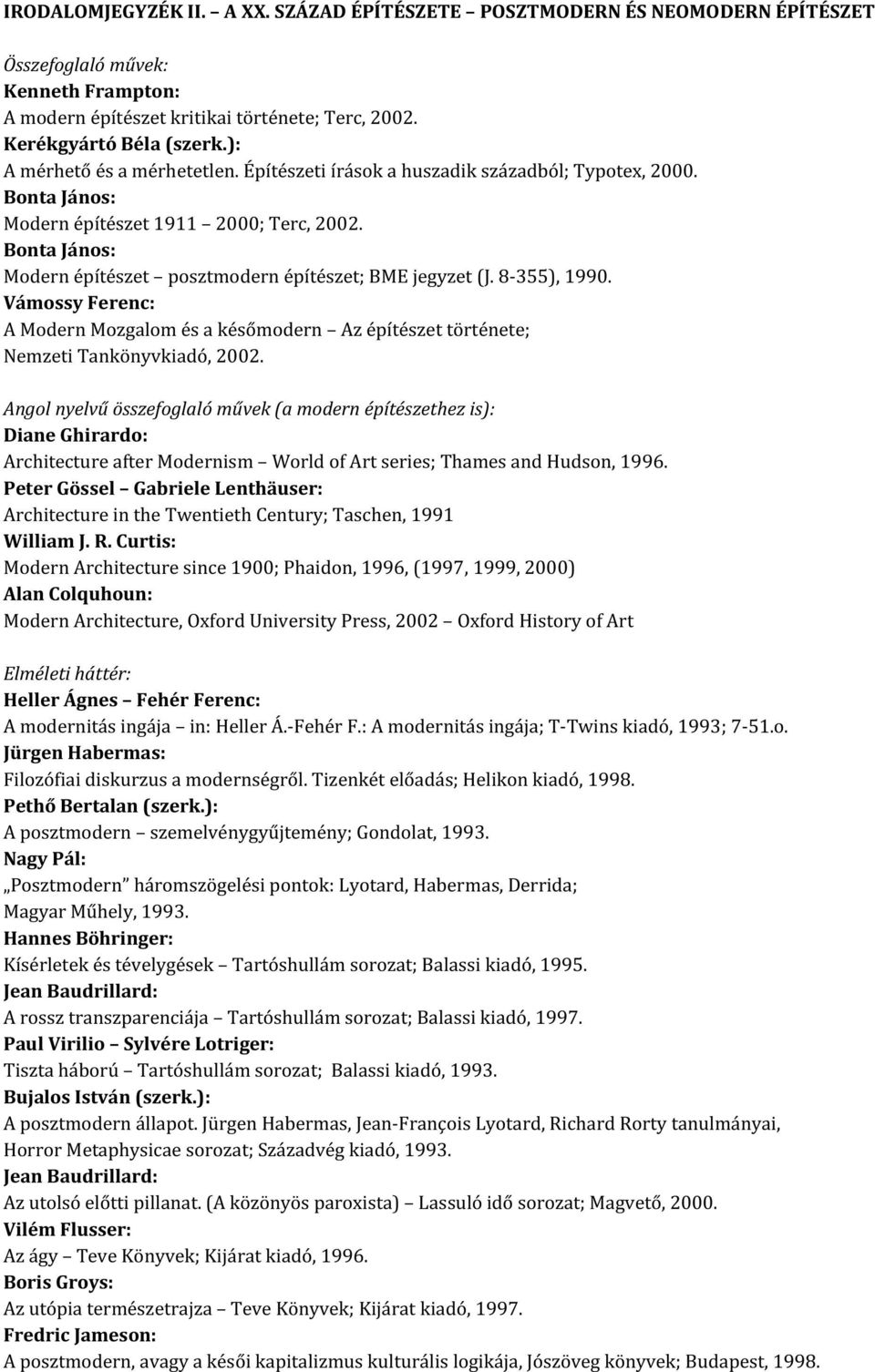 Bonta János: Modern építészet posztmodern építészet; BME jegyzet (J. 8-355), 1990. Vámossy Ferenc: A Modern Mozgalom és a későmodern Az építészet története; Nemzeti Tankönyvkiadó, 2002.