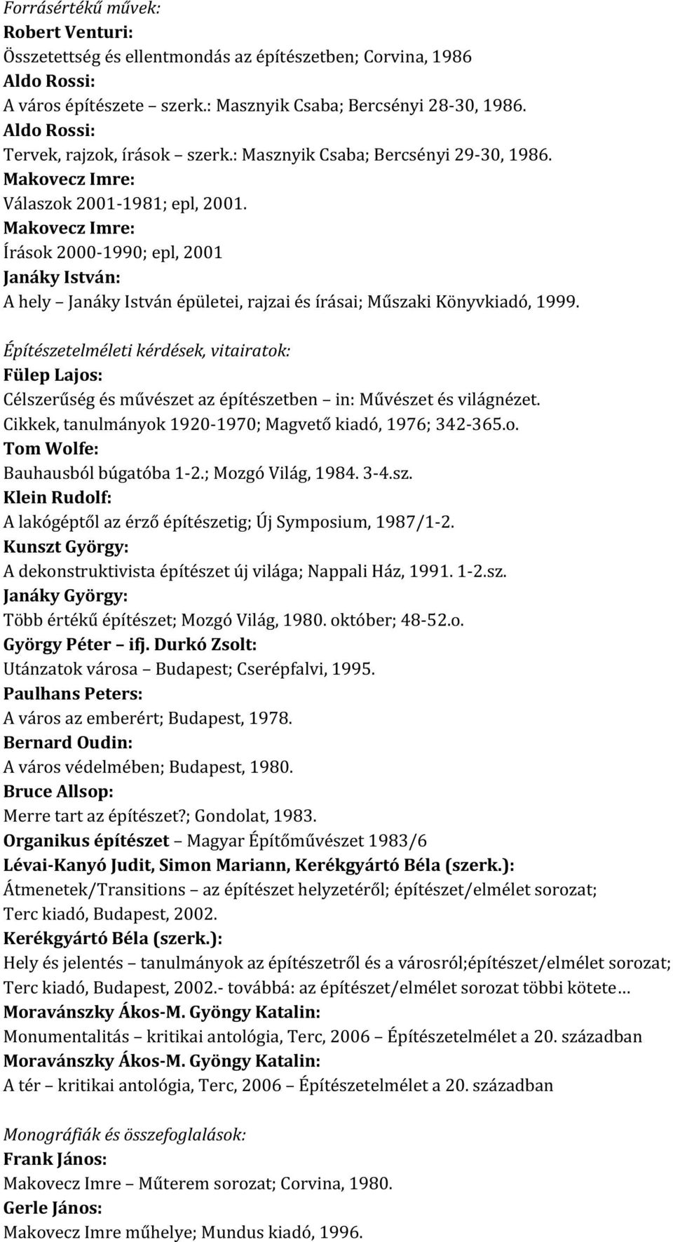 Makovecz Imre: Írások 2000-1990; epl, 2001 Janáky István: A hely Janáky István épületei, rajzai és írásai; Műszaki Könyvkiadó, 1999.
