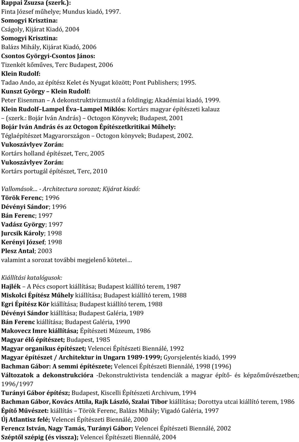 építész Kelet és Nyugat között; Pont Publishers; 1995. Kunszt György Klein Rudolf: Peter Eisenman A dekonstruktivizmustól a foldingig; Akadémiai kiadó, 1999.