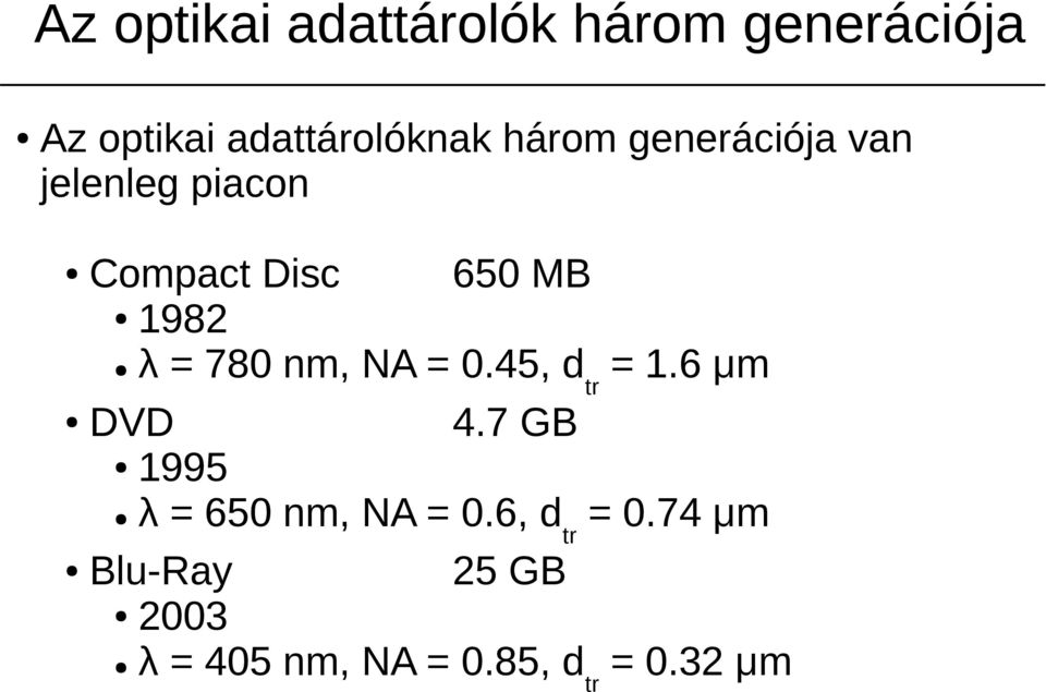 780 nm, NA = 0.45, d tr = 1.6 μm DVD 1995 4.7 GB λ = 650 nm, NA = 0.