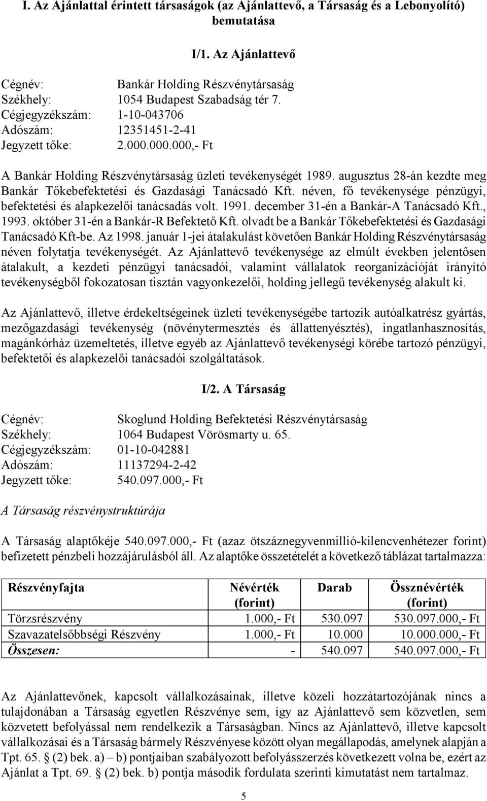 augusztus 28-án kezdte meg Bankár Tőkebefektetési és Gazdasági Tanácsadó Kft. néven, fő tevékenysége pénzügyi, befektetési és alapkezelői tanácsadás volt. 1991.