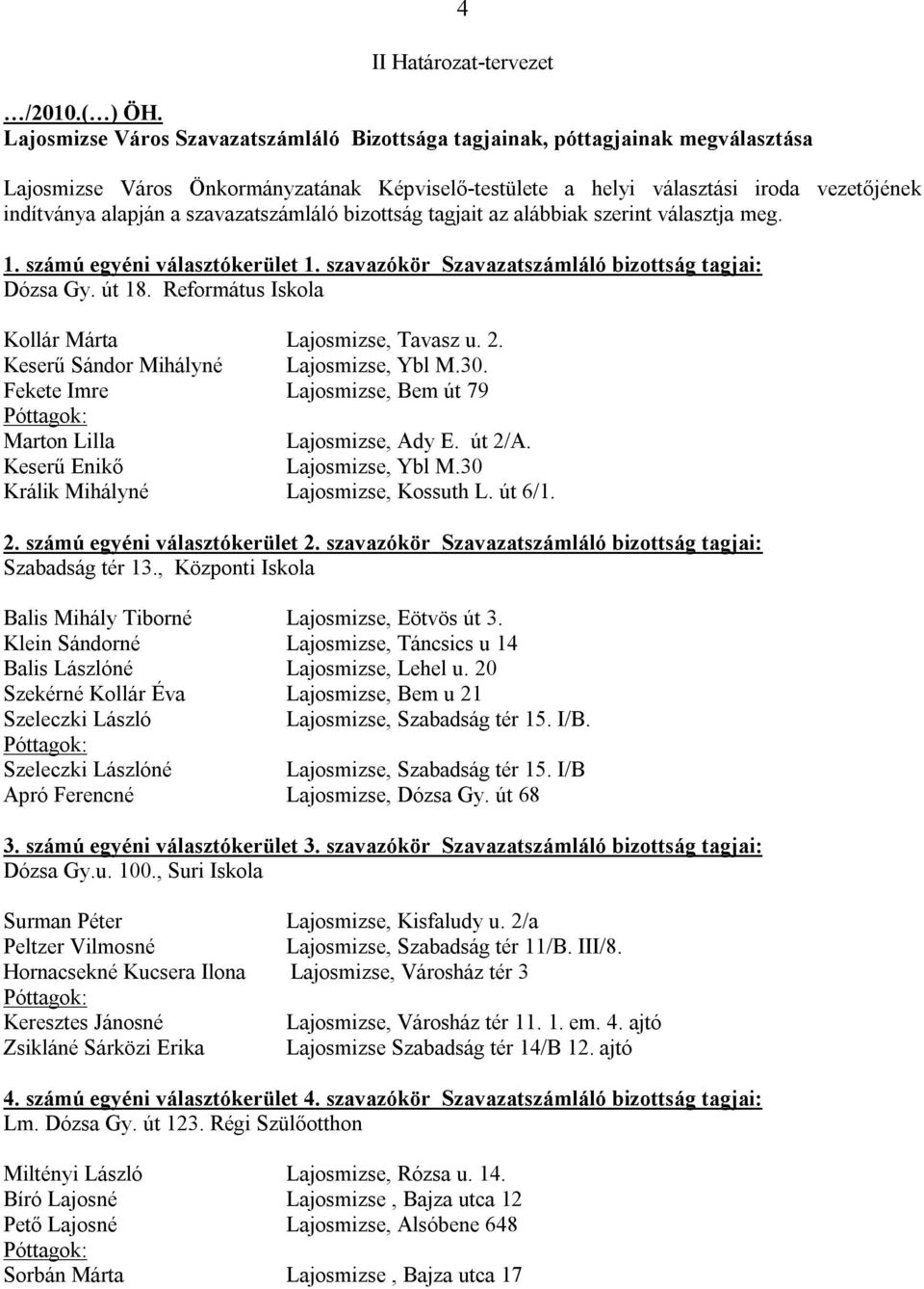 szavazatszámláló bizottság tagjait az alábbiak szerint választja meg. 1. számú egyéni választókerület 1. szavazókör Szavazatszámláló bizottság tagjai: Dózsa Gy. út 18.