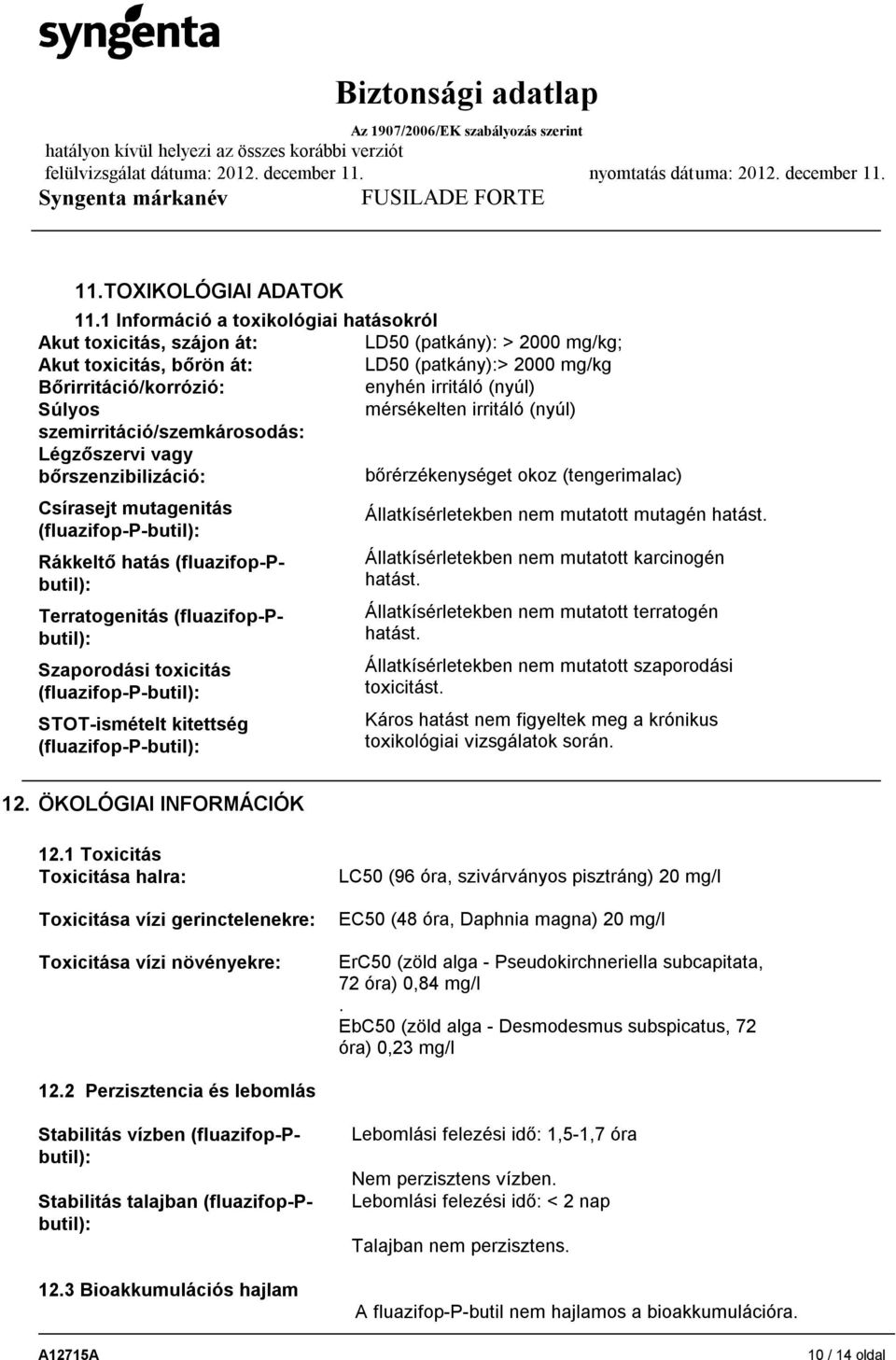 Súlyos mérsékelten irritáló (nyúl) szemirritáció/szemkárosodás: Légzőszervi vagy bőrszenzibilizáció: bőrérzékenységet okoz (tengerimalac) Csírasejt mutagenitás (fluazifop-p-butil): Rákkeltő hatás