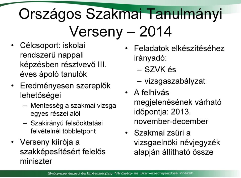 felvételnél többletpont Verseny kiírója a szakképesítésért felelős miniszter Feladatok elkészítéséhez irányadó: SZVK és