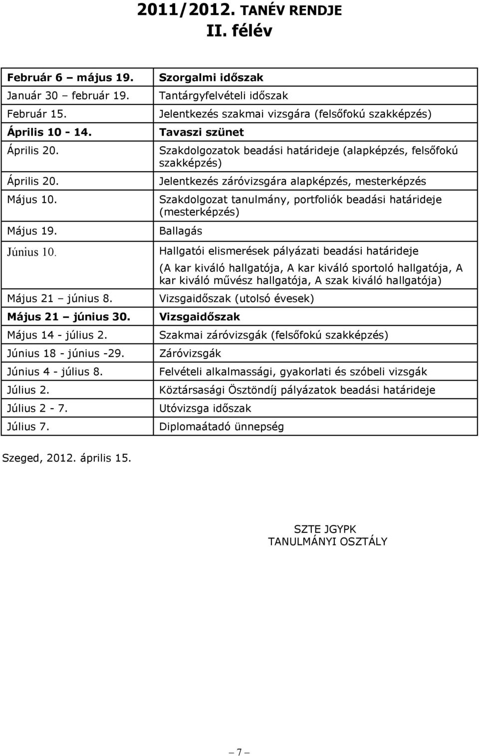 Szorgalmi időszak Tantárgyfelvételi időszak Jelentkezés szakmai vizsgára (felsőfokú szakképzés) Tavaszi szünet Szakdolgozatok beadási határideje (alapképzés, felsőfokú szakképzés) Jelentkezés