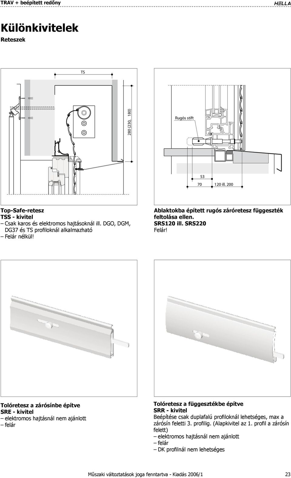 Tolóretesz a zárósínbe építve SRE - kivitel elektromos hajtásnál nem ajánlott felár Tolóretesz a függesztékbe építve SRR - kivitel Beépítése csak duplafalú profiloknál