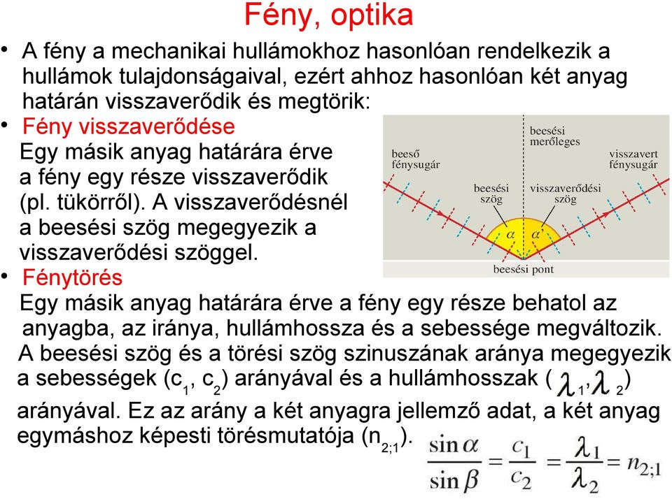 Fénytörés Egy másik anyag határára érve a fény egy része behatol az anyagba, az iránya, hullámhossza és a sebessége megváltozik.