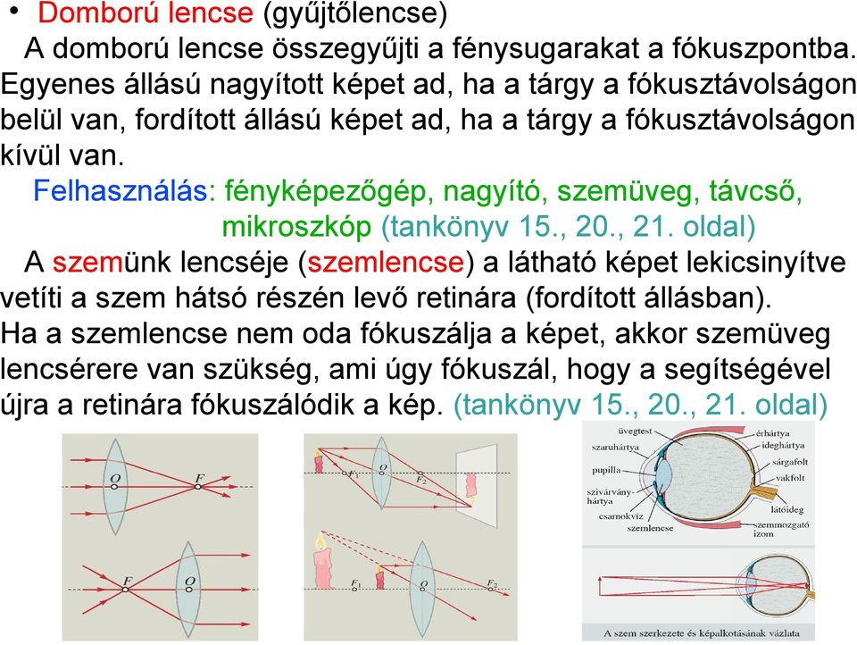 Felhasználás: fényképezőgép, nagyító, szemüveg, távcső, mikroszkóp (tankönyv 15., 20., 21.