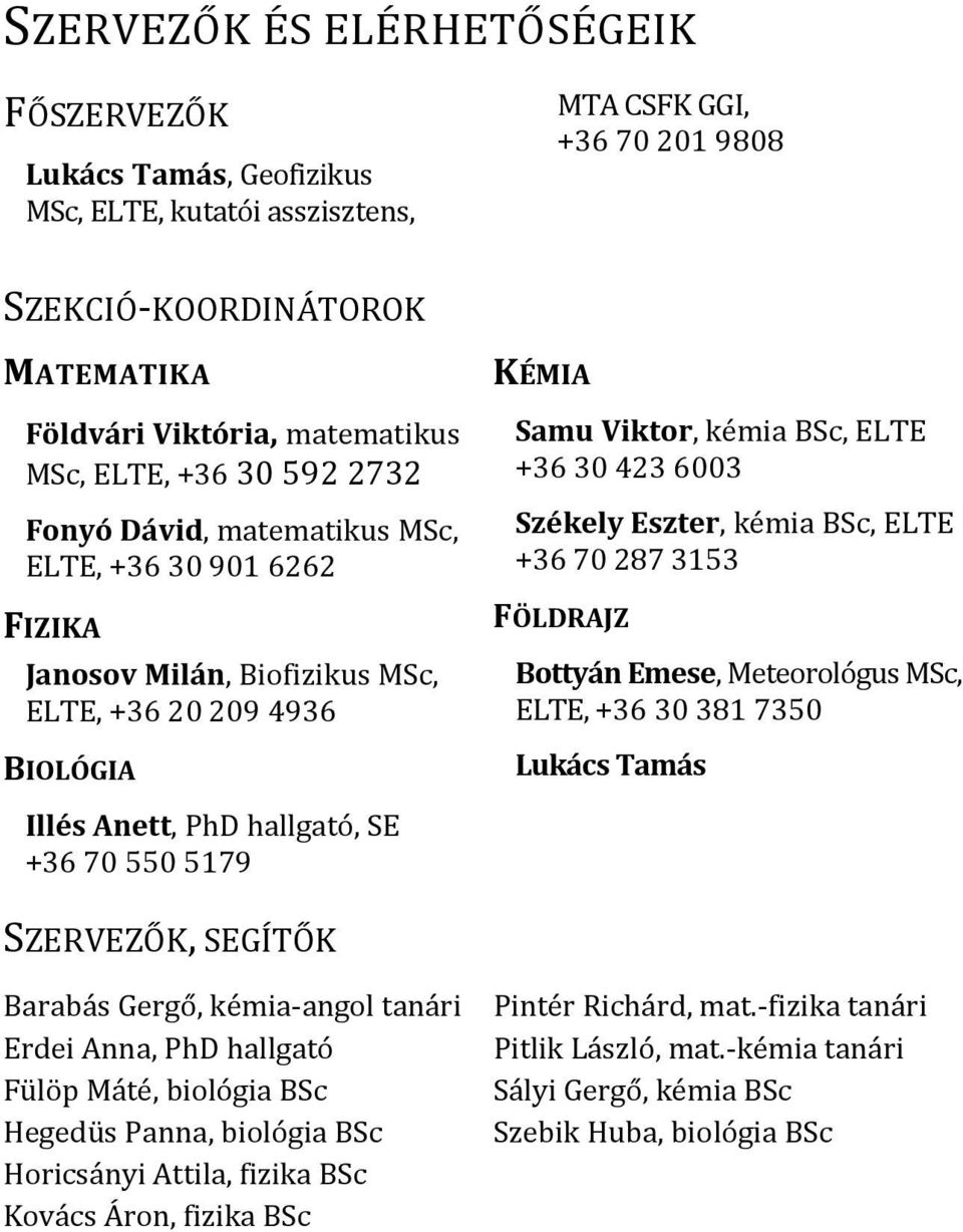 Viktor, kémia BSc, ELTE +36 30 423 6003 Székely Eszter, kémia BSc, ELTE +36 70 287 3153 FÖLDRAJZ Bottyán Emese, Meteorológus MSc, ELTE, +36 30 381 7350 Lukács Tamás SZERVEZŐK, SEGÍTŐK Barabás Gergő,