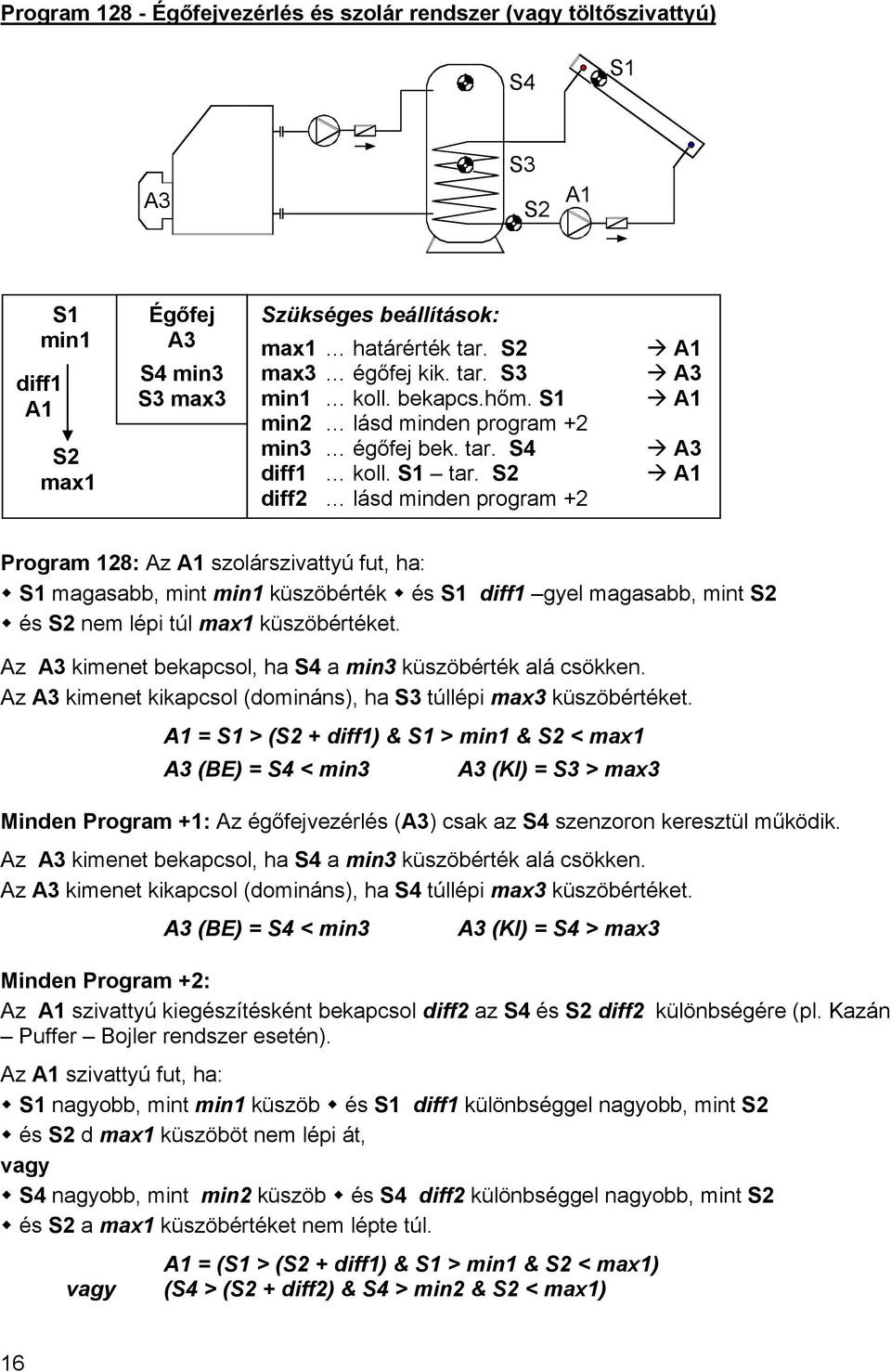S4 diff1 koll. tar. diff2 lásd minden program +2 Program 128: Az szolárszivattyú fut, ha: magasabb, mint min1 küszöbérték és diff1 gyel magasabb, mint és nem lépi túl max1 küszöbértéket.