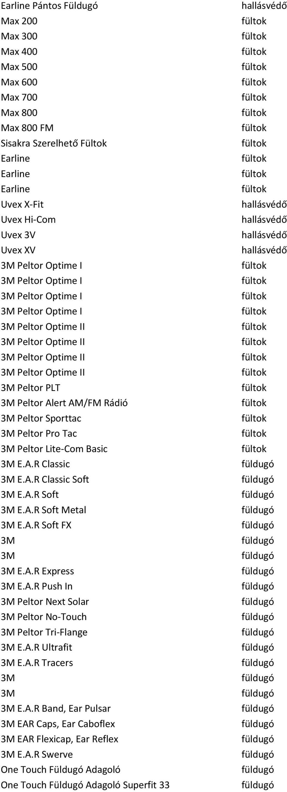 3M Peltor Pro Tac 3M Peltor Lite-Com Basic 3M E.A.R Classic 3M E.A.R Classic Soft 3M E.A.R Soft 3M E.A.R Soft Metal 3M E.A.R Soft FX 3M 3M 3M E.A.R Express 3M E.A.R Push In 3M Peltor Next Solar 3M Peltor No-Touch 3M Peltor Tri-Flange 3M E.