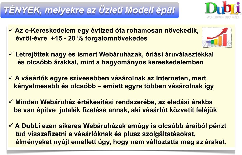 egyre többen vásárolnak így Minden Webáruház értékesítési rendszerébe, az eladási árakba be van építve jutalék fizetése annak, aki vásárlót közvetít feléjük A DubLi ezen
