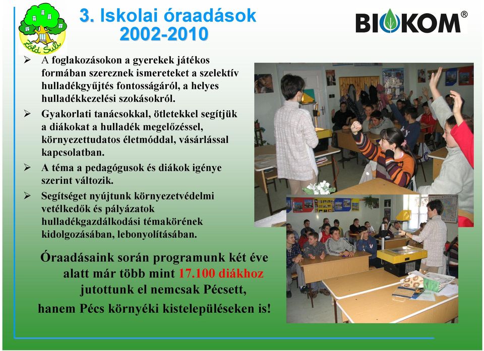 Gyakorlati tanácsokkal, ötletekkel segítjük a diákokat a hulladék megelőzéssel, környezettudatos életmóddal, vásárlással kapcsolatban.