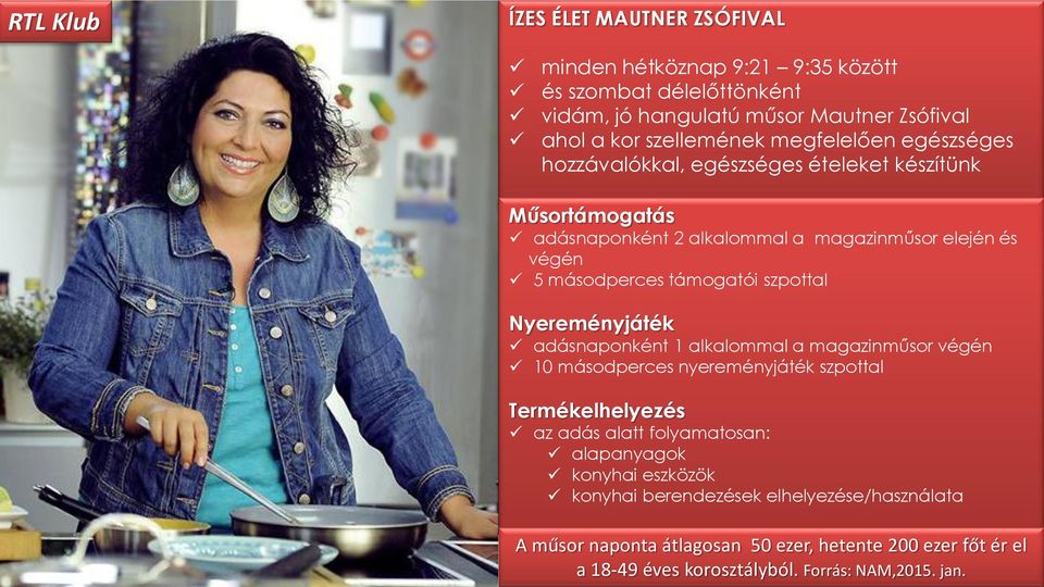 szpottal Nyereményjáték adásnaponként 1 alkalommal a magazinműsor végén 10 másodperces nyereményjáték szpottal Termékelhelyezés az adás alatt folyamatosan:
