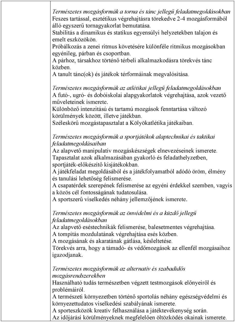 A párhoz, társakhoz történő térbeli alkalmazkodásra törekvés tánc közben. A tanult tánc(ok) és játékok térformáinak megvalósítása.