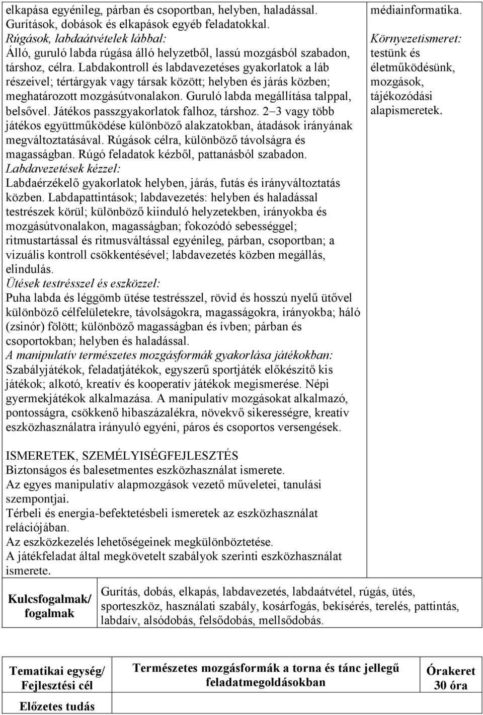 Labdakontroll és labdavezetéses gyakorlatok a láb részeivel; tértárgyak vagy társak között; helyben és járás közben; meghatározott mozgásútvonalakon. Guruló labda megállítása talppal, belsővel.