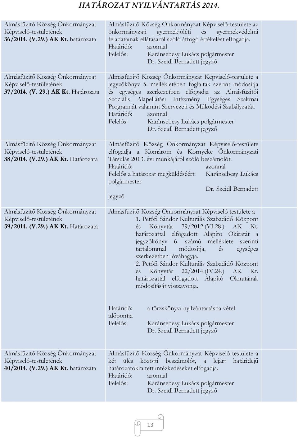 mellékletében foglaltak szerint módosítja és egységes szerkezetben elfogadja az Almásfüzitői Szociális Alapellátási Intézmény Egységes Szakmai Programját valamint Szervezeti és Működési Szabályzatát.