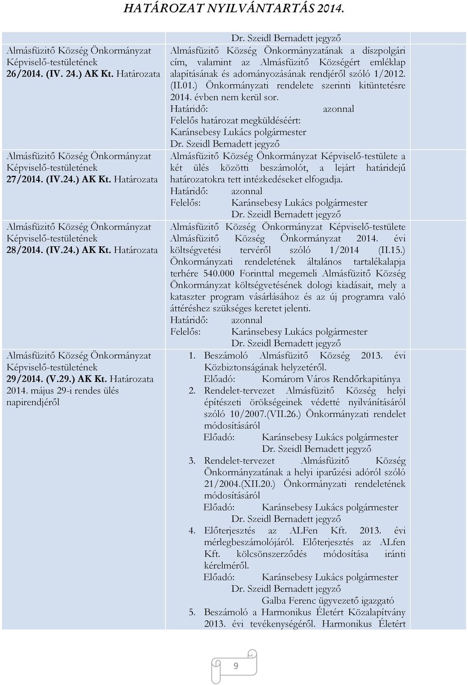. (II.01.) Önkormányzati rendelete szerinti kitüntetésre 2014. évben nem kerül sor.
