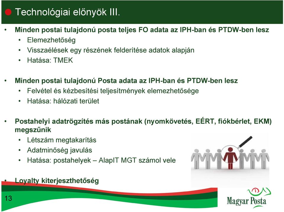 adatok alapján Hatása: TMEK Minden postai tulajdonú Posta adata az IPH-ban és PTDW-ben lesz Felvétel és kézbesítési