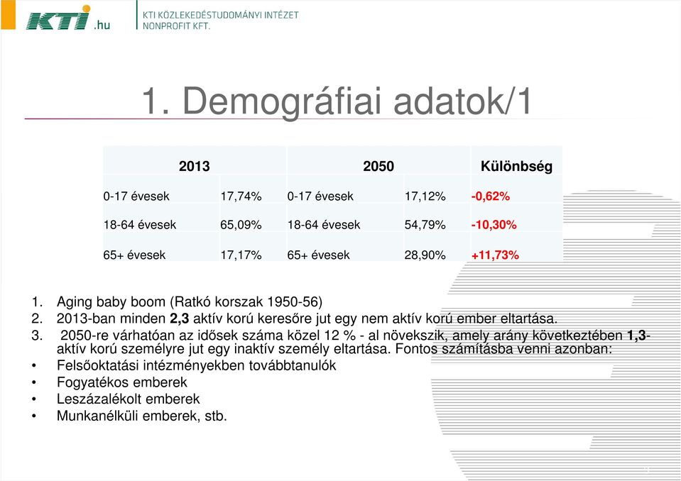 2013-ban minden 2,3 aktív korú keresőre jut egy nem aktív korú ember eltartása. 3.