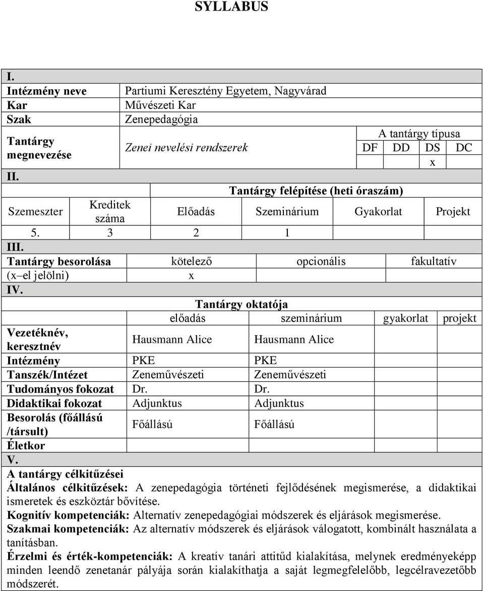 Tantárgy oktatója előadás szeminárium gyakorlat projekt Vezetéknév, keresztnév Hausmann Alice Hausmann Alice Intézmény PKE PKE Tanszék/Intézet Zeneművészeti Zeneművészeti Tudományos fokozat Dr.