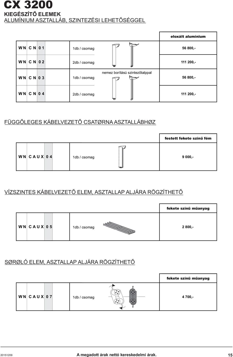 fém W C A U X 0 4 1db / csomag 9 000,- VÍZSZITES ÁBEVEZETÕ EE, ASZTAA AJÁA ÖGZÍTHETÕ fekete színû mûanyag W C A U X 0 5 1db / csomag 2 0,-