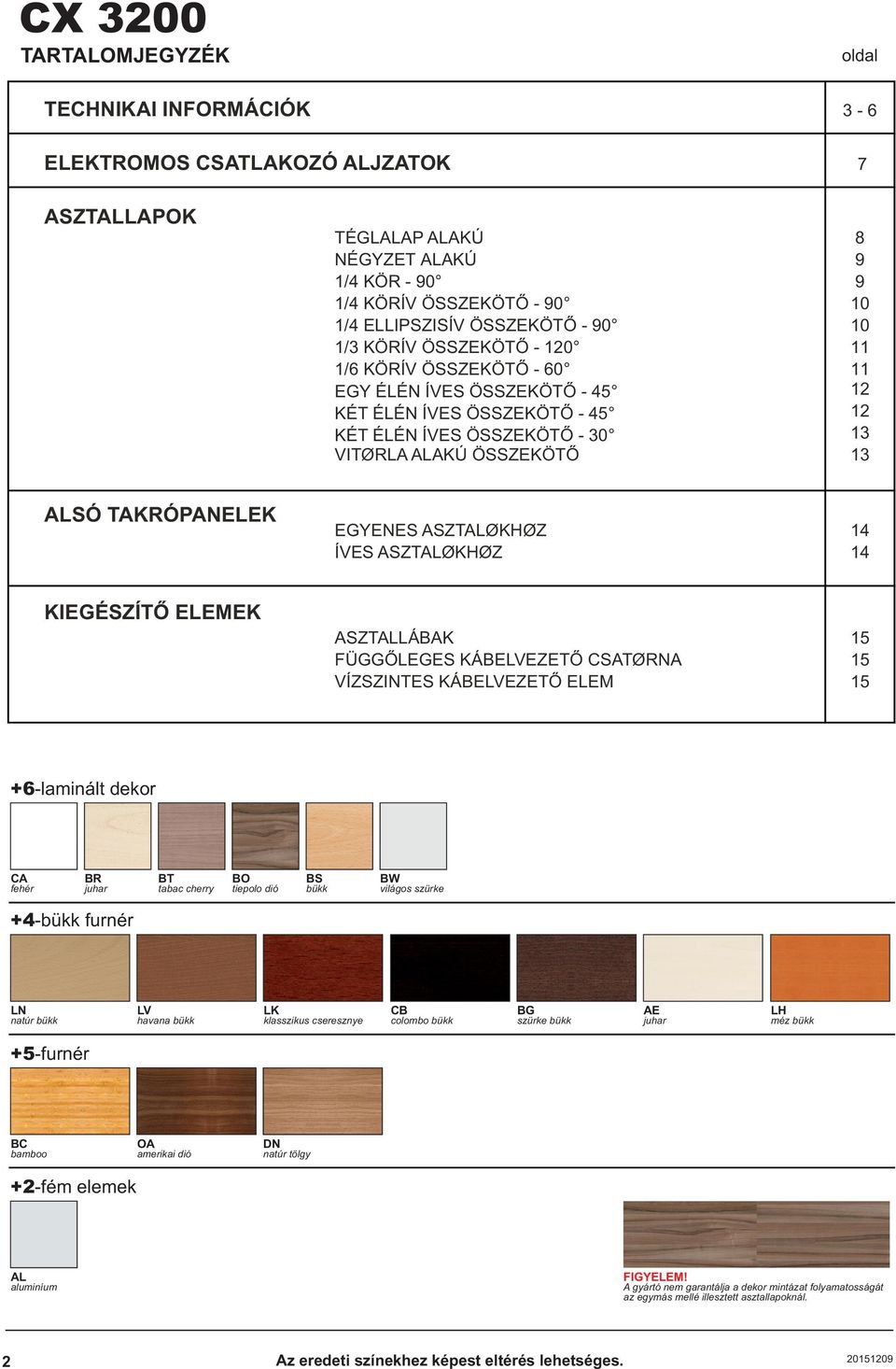 ÁBEVEZETÕ CSATOA VÍZSZITES ÁBEVEZETÕ EE 15 15 15 -laminált dekor CA fehér B juhar BT tabac cherry BO tiepolo dió BS bükk BW világos szürke -bükk furnér natúr bükk V havana bükk klasszikus cseresznye