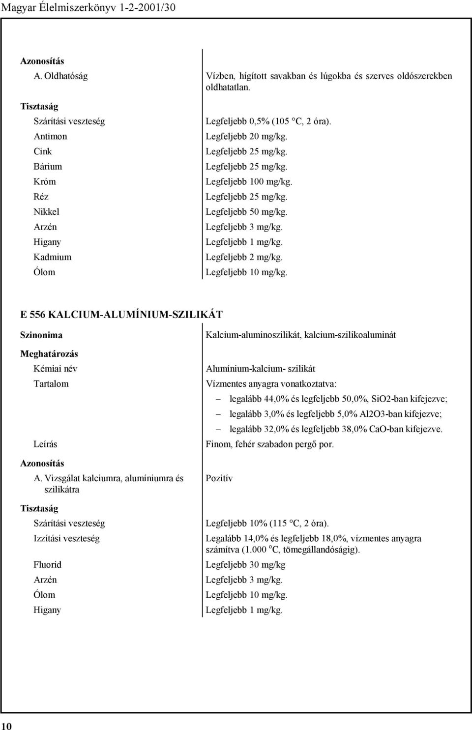 Vizsgálat kalciumra, alumíniumra és szilikátra Izzítási veszteség Fluorid Higany Kalcium-aluminoszilikát, kalcium-szilikoaluminát Alumínium-kalcium- szilikát Vízmentes anyagra vonatkoztatva: legalább