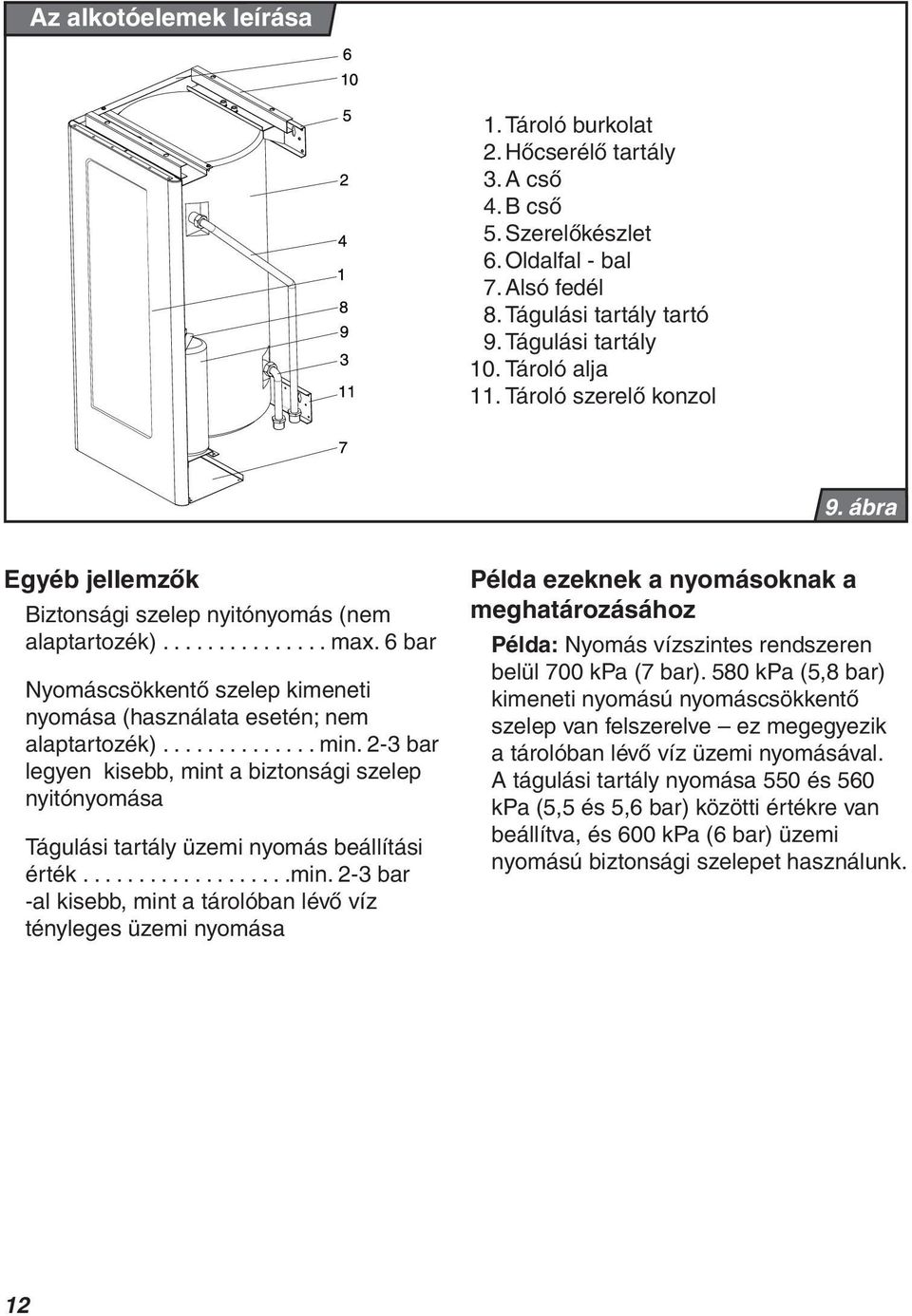 ............. min. 2-3 bar legyen kisebb, mint a biztonsági szelep nyitónyomása Tágulási tartály üzemi nyomás beállítási érték...................min. 2-3 bar -al kisebb, mint a tárolóban lévő víz tényleges üzemi nyomása Példa ezeknek a nyomásoknak a meghatározásához Példa: Nyomás vízszintes rendszeren belül 700 kpa (7 bar).