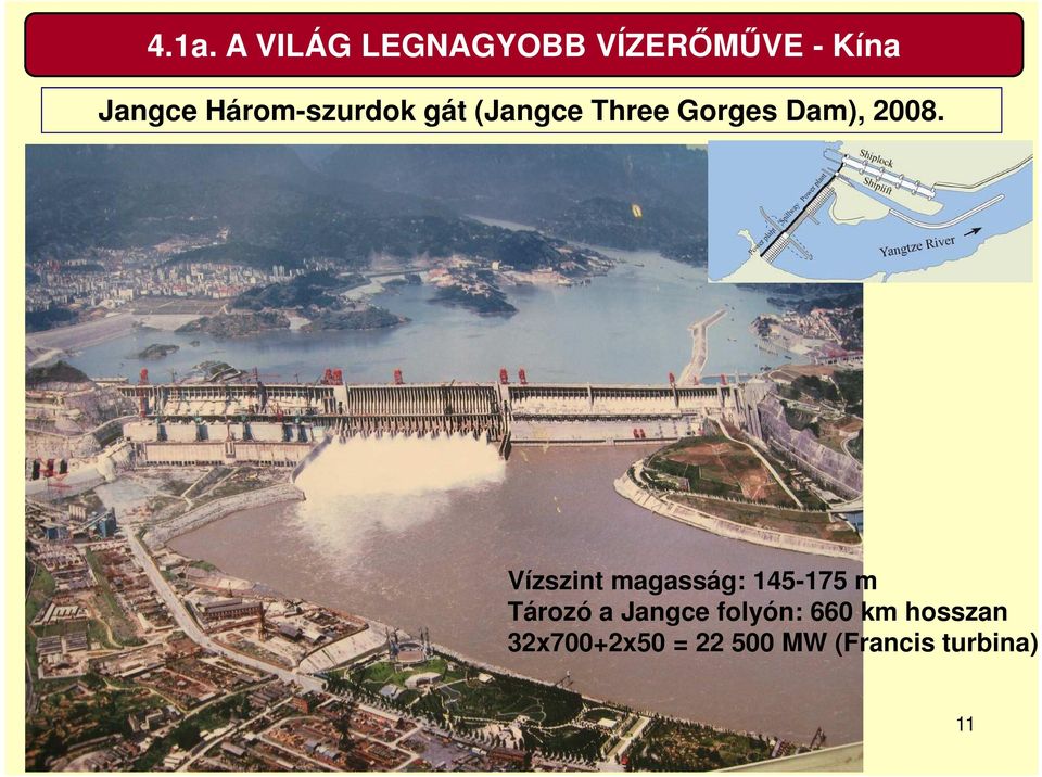 Vízszint magasság: 145-175 m Tározó a Jangce folyón: