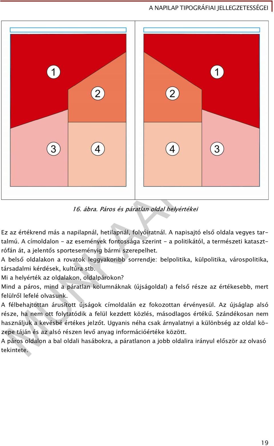 A belső oldalakon a rovatok leggyakoribb sorrendje: belpolitika, külpolitika, várospolitika, társadalmi kérdések, kultúra stb. Mi a helyérték az oldalakon, oldalpárokon?