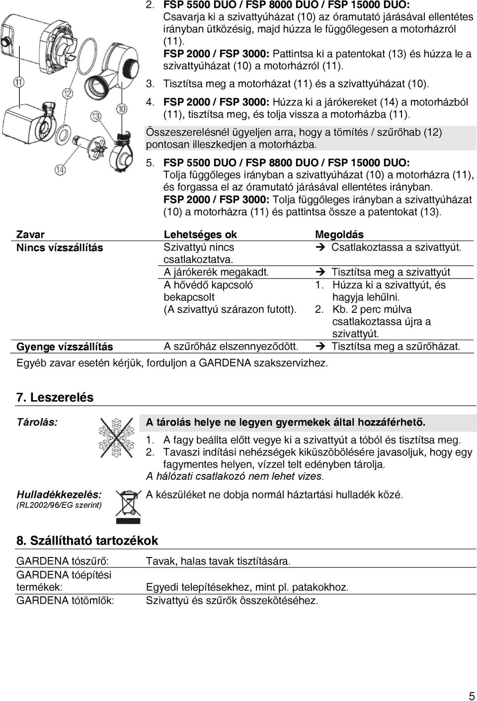 FSP 2000 / FSP 3000: Húzza ki a járókereket (14) a motorházból (11), tisztítsa meg, és tolja vissza a motorházba (11).